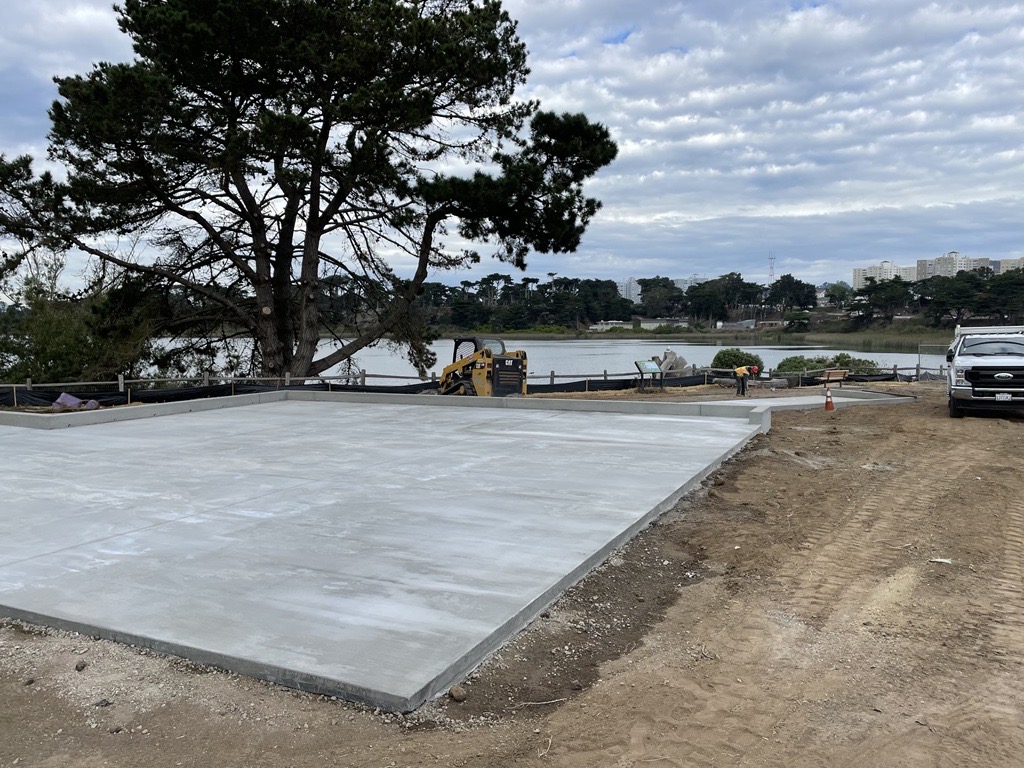 Lake Merced construction November 2023 - concrete pad near lake