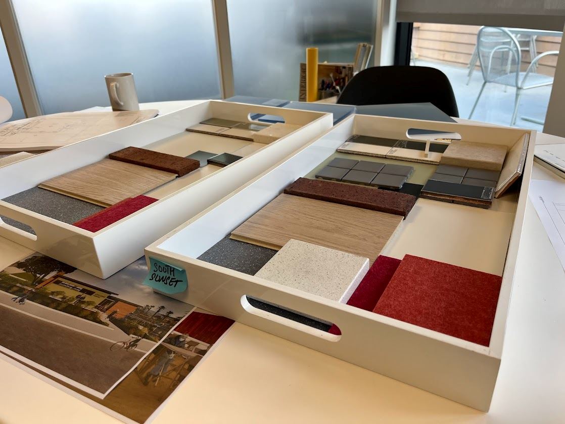 Boxes of color samples and materials