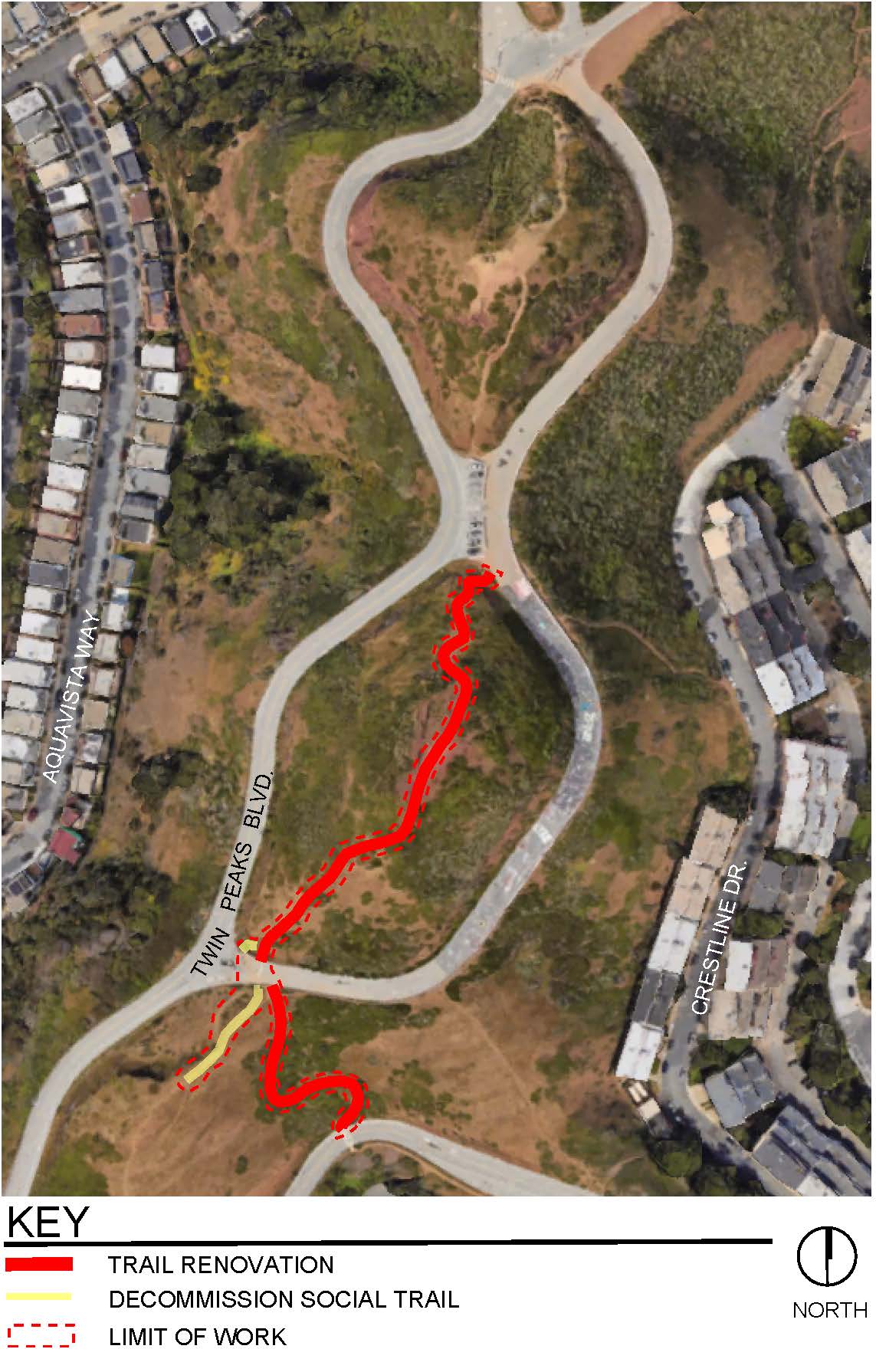 Trail map showing lines of decommissioned social trail and trail renovations
