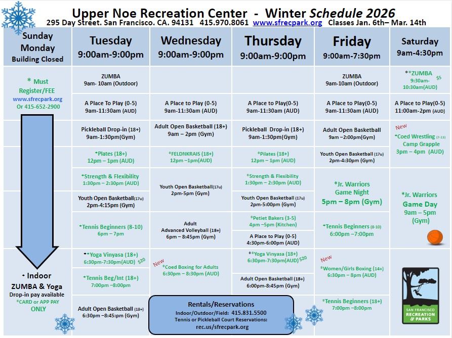 Upper Noe Winter 2026 Program Schedule 1/6-3/14