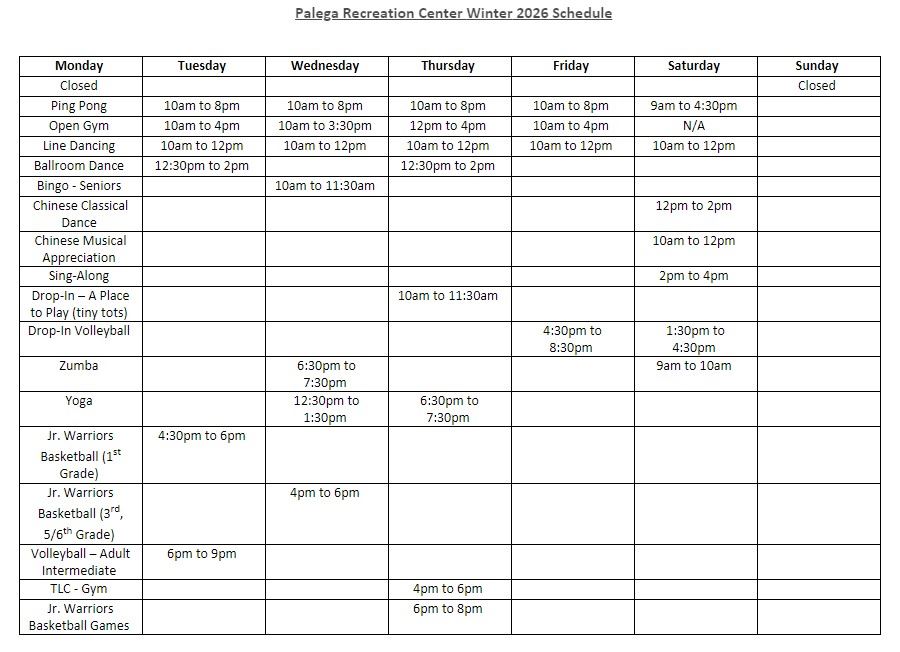 Palega Winter 2026 Program Schedule