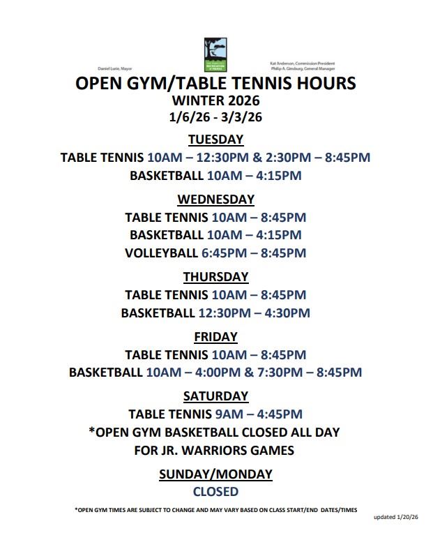 Sunset Winter 2026 Program and Open Gym Schedule from 1/6 to 3/3