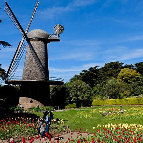 Stone windmill next to a large flower garden